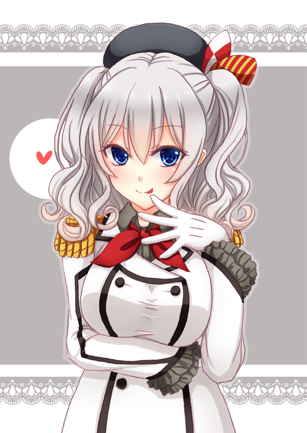 1girl blue_eyes breasts gloves heart kantai_collection kashima_(kantai_collection) large_breasts long_hair military military_uniform silver_hair smile solo sotogawa_max tongue twintails uniform wavy_hair