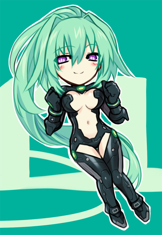 1girl breasts chibi green_hair green_heart kamia_(not_found) large_breasts long_hair looking_at_viewer neptune_(series) ponytail solo symbol-shaped_pupils vert very_long_hair violet_eyes