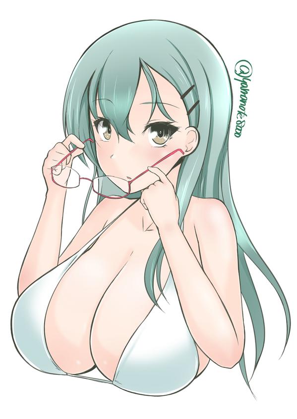 1girl 8000 aqua_hair bikini blush breasts brown_eyes cleavage commentary_request glasses glasses_removed green_hair hair_ornament hairclip holding holding_glasses kantai_collection large_breasts long_hair looking_at_viewer parted_lips simple_background solo strap_gap suzuya_(kantai_collection) swimsuit twitter_username upper_body white_background white_bikini white_swimsuit
