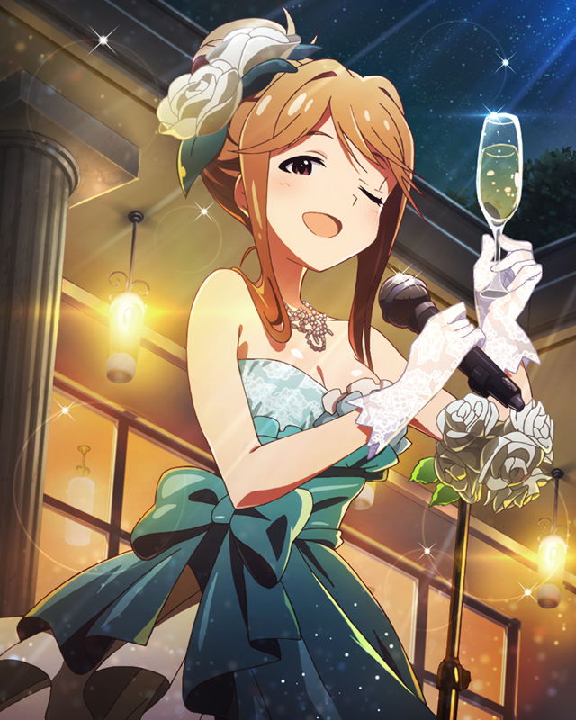 1girl ;d alcohol artist_request brown_eyes brown_hair champagne dress flower gloves hair_flower hair_ornament idolmaster idolmaster_million_live! looking_at_viewer microphone microphone_stand official_art one_eye_closed open_mouth smile tenkuubashi_tomoka white_gloves