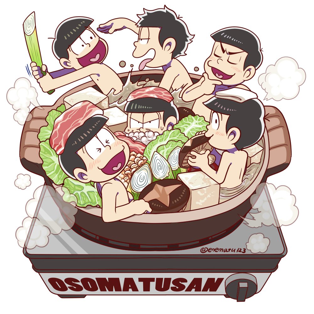 &gt;_&lt; 6+boys air_bubble beef biting black_hair blush bowl_cut brothers choromatsu closed_eyes copyright_name cube food food_on_head heart heart_in_mouth hotpot ichimatsu in_container jyushimatsu karamatsu lettuce male_focus meat messy_hair miniboy multiple_boys mushroom nude object_on_head osomatsu-kun osomatsu-san osomatsu_(osomatsu-kun) oversized_object partially_submerged pot sextuplets siblings smile steam stove sweatdrop todomatsu tofu tongue tongue_out towel towel_on_head twitter_username