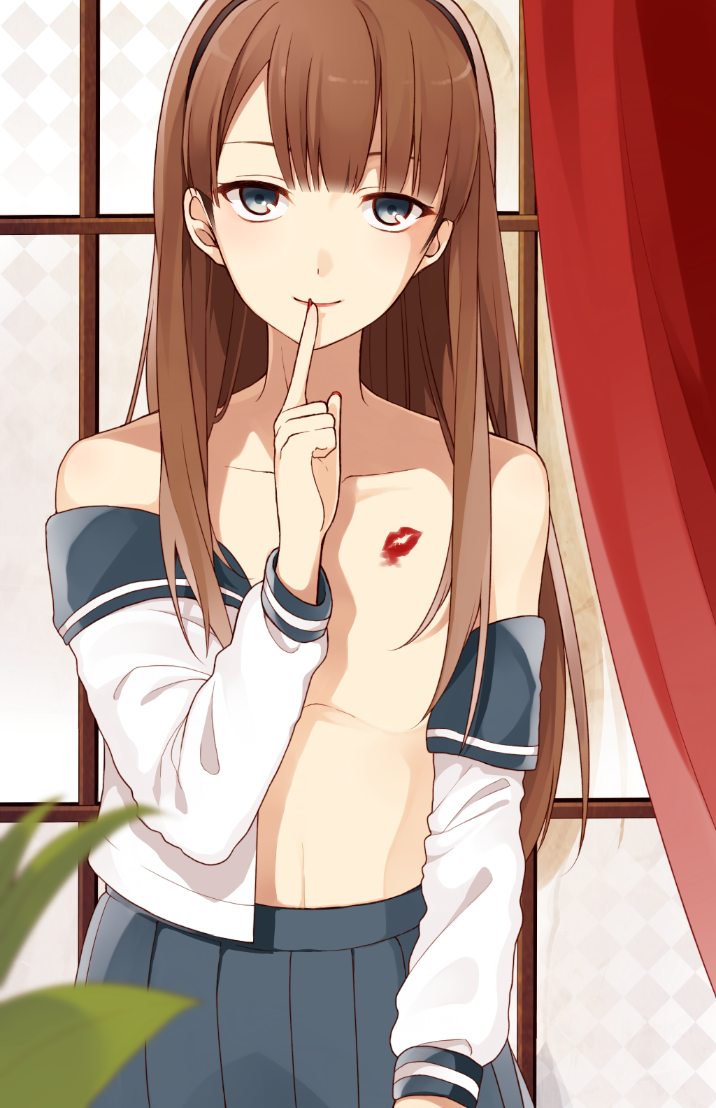 1boy argyle argyle_background bangs bare_shoulders blue_eyes blurry brown_hair chisumi closed_mouth crossdressinging curtains finger_to_mouth hairband highres leaf lipstick lipstick_mark long_hair makeup male_focus nail_polish off_shoulder open_clothes open_shirt original pleated_skirt red_nails school_uniform serafuku shirt shushing skirt smile solo