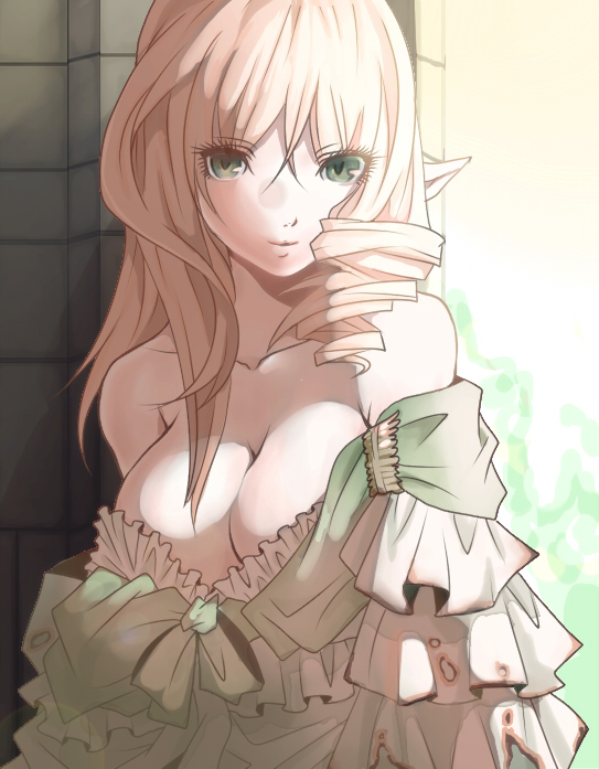 1girl asymmetrical_hair bangs bare_shoulders blonde_hair breasts burnt_clothes cleavage closed_mouth collarbone colored dress drill_hair elf eyebrows eyebrows_visible_through_hair frills green_eyes hair_between_eyes kuroma_(atapi) looking_at_viewer off_shoulder original pointy_ears solo strapless_dress tukasac