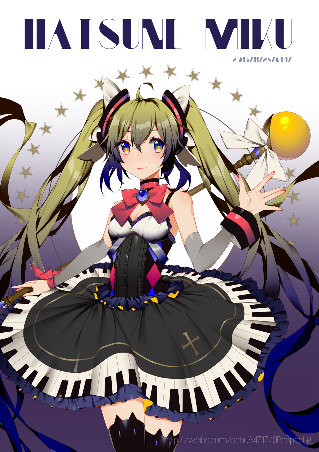 1girl ahoge artist_name black_dress black_legwear blue_eyes blush bowtie breasts character_name cleavage dated detached_sleeves dress gem gradient gradient_background green_hair hair_between_eyes hair_ornament hatsune_miku heterochromia highres jewelry long_hair looking_at_viewer nail_polish orange_eyes piano_print prophet_heart red_bowtie red_nails red_ribbon ribbon sapphire_(stone) simple_background sleeveless sleeveless_dress smile solo staff standing star thigh-highs twintails very_long_hair vocaloid watermark web_address zettai_ryouiki