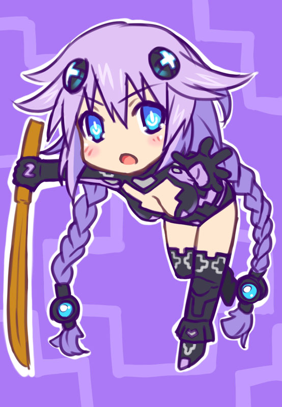1girl bent_over blue_eyes braid breasts chibi cleavage gloves hair_ornament kamia_(not_found) long_hair looking_at_viewer neptune_(choujigen_game_neptune) neptune_(series) purple_hair purple_heart symbol-shaped_pupils twin_braids very_long_hair wooden_sword