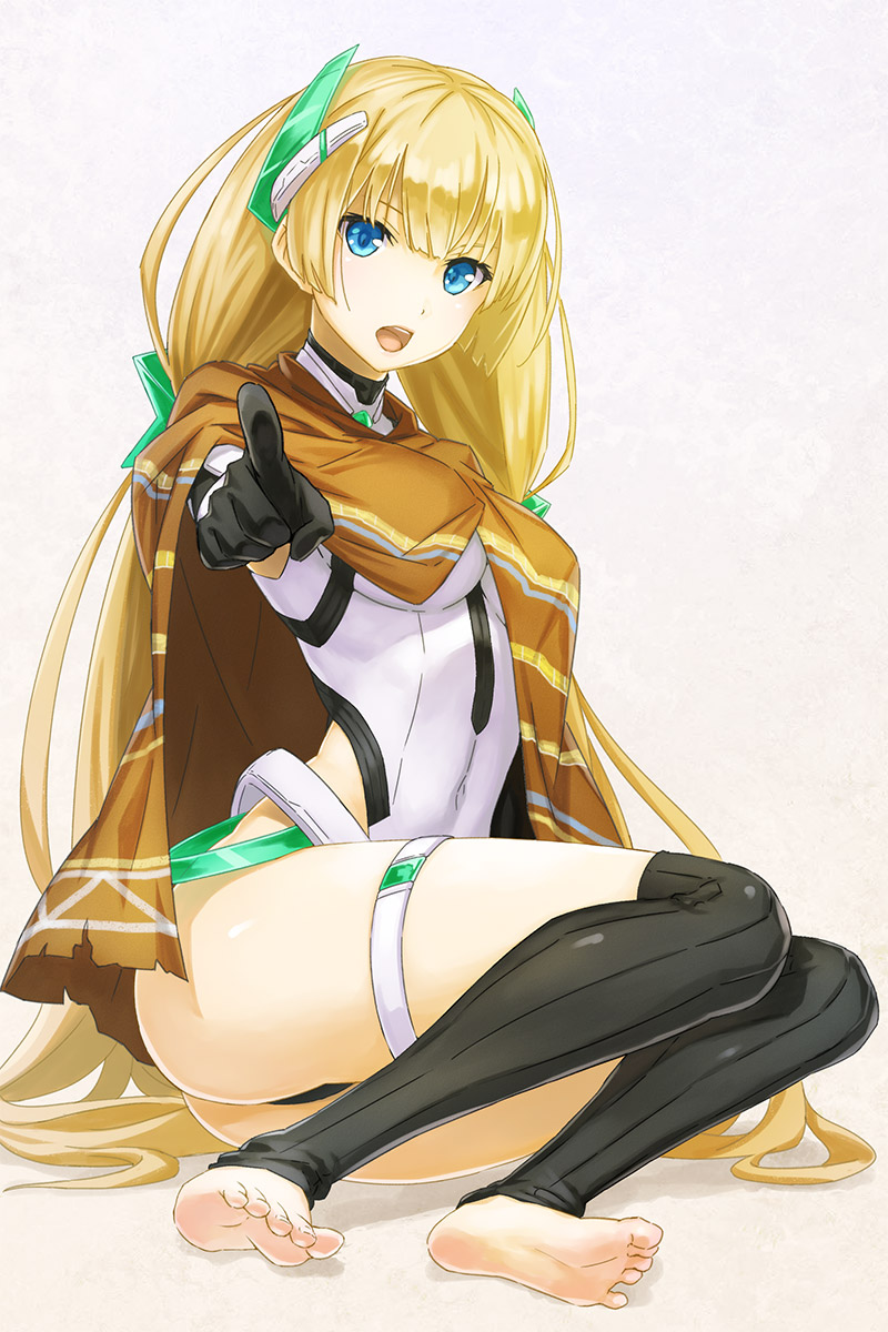 1girl angela_balzac barefoot blonde_hair blue_eyes cape feet fukukitaru gloves highres leotard long_hair rakuen_tsuihou soles solo toes