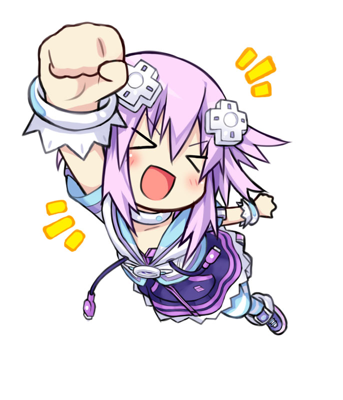 &gt;_&lt; 1girl blush chibi clenched_hand closed_eyes d-pad hair_ornament kamia_(not_found) neptune_(choujigen_game_neptune) neptune_(series) open_mouth punching purple_hair smile