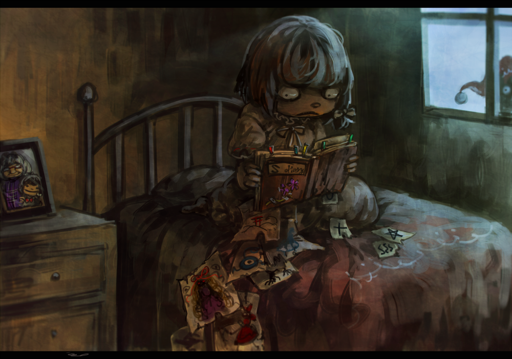 2girls bed book commentary_request diary doremy_sweet drawing english grandmother_and_granddaughter hakurei_reimu koto_inari multiple_girls older photo_(object) touhou usami_renko usami_sumireko window yakumo_yukari zener_card