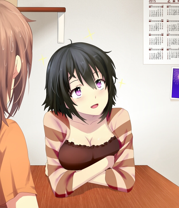 2girls :d alternate_hair_length alternate_hairstyle beifeng_han black_hair blush breasts brown_hair calendar_(object) character_request cleavage commentary crossed_arms hair_between_eyes long_hair miyaura_sanshio multiple_girls open_mouth original shirt smile striped_sleeves sweatdrop t-shirt table violet_eyes