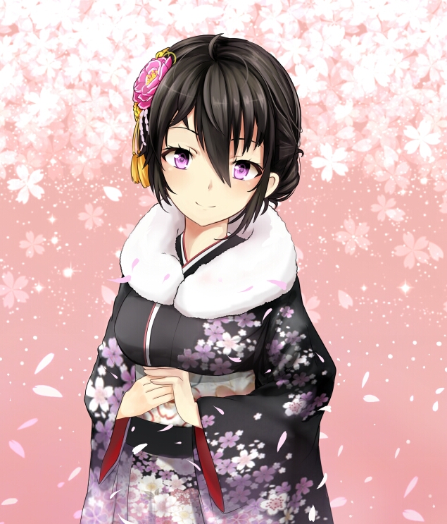 1girl beifeng_han black_hair blush flower flower_request hair_between_eyes hair_flower hair_ornament hands_together long_hair looking_at_viewer miyaura_sanshio original petals smile solo violet_eyes