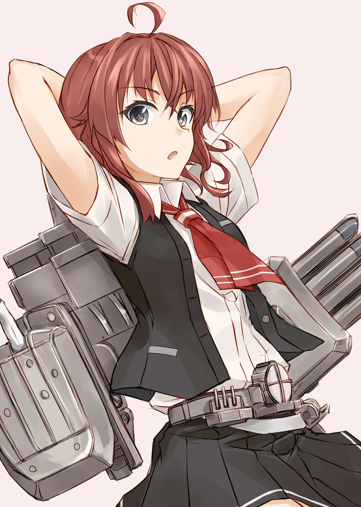 1girl :o ahoge arashi_(kantai_collection) arms_behind_head arms_up belt black_skirt buttons collared_shirt cowboy_shot grey_eyes kantai_collection machinery necktie open_clothes open_vest pallad parted_lips pink_background pleated_skirt red_necktie redhead shirt simple_background skirt solo unbuttoned vest white_shirt