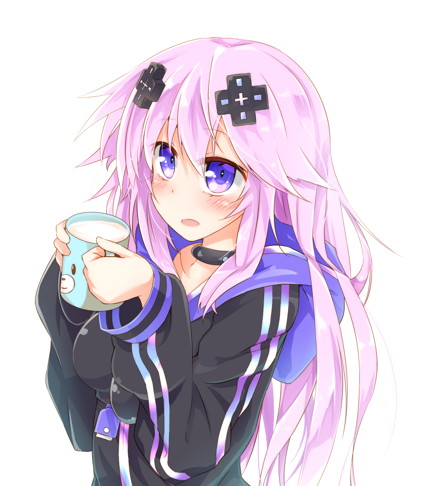 1girl adult_neptune blush cup d-pad hair_ornament hooded_track_jacket long_hair mug neptune_(series) open_mouth purple_hair rinrin_(927413) solo violet_eyes