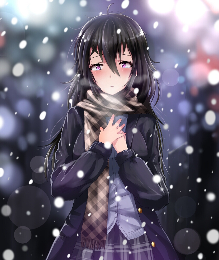 1girl ahoge beifeng_han black_hair blurry blush bokeh depth_of_field hair_between_eyes hands_on_own_chest long_hair miyaura_sanshio original parted_lips scarf school_uniform skirt snowing solo violet_eyes