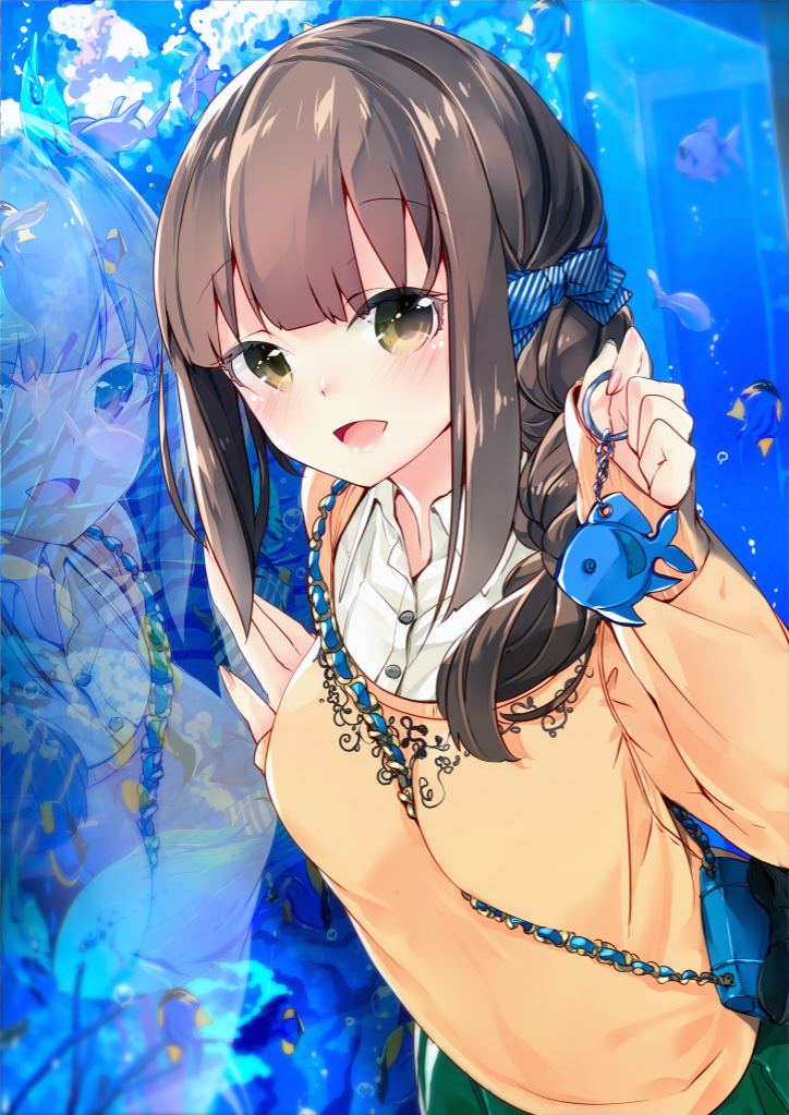 1girl 218 against_glass aquarium bag bow braid breasts clownfish fish hair_bow handbag keychain long_hair long_sleeves looking_at_viewer open_mouth original single_braid smile solo strap_cleavage sweater yellow_eyes