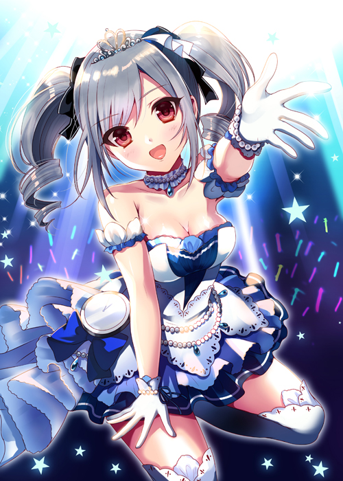 bare_shoulders blush dress gloves grey_hair happy idolmaster idolmaster_cinderella_girls kanzaki_ranko long_hair red_eyes tiara twintails