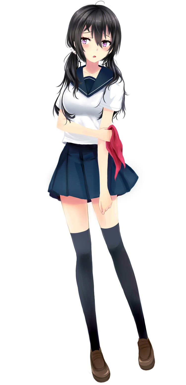 1girl ahoge beifeng_han black_hair black_legwear blue_legwear blush brown_shoes hair_between_eyes highres holding_arm long_hair miyaura_sanshio original school_uniform scrunchie serafuku shoes solo thigh-highs twintails violet_eyes younger zettai_ryouiki