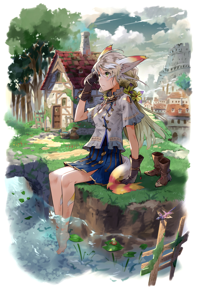 1girl animal_ears barefoot boots clouds cloudy_sky dragonfly feet_in_water frog gloves green_eyes kyuusugi_toku long_hair original river shoes_removed silver_hair sitting skirt sky soaking_feet solo tail tree water