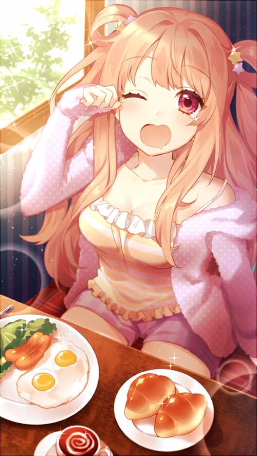 1girl ;o bare_shoulders blush breasts cleavage collarbone croissant crying food hair_ornament horizontal_stripes ichinose_yukino jacket kashiwazaki_hatsune light_rays long_sleeves looking_at_viewer one_eye_closed open_mouth orange_hair plate polka_dot princess_connect! red_eyes rubbing_eyes salad sausage shirt sitting solo sparkle star_hair_ornament vertical_stripes window