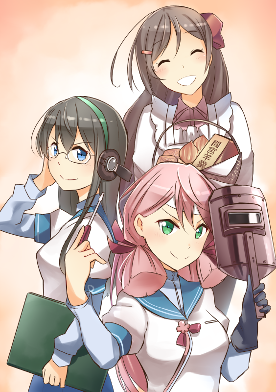 3girls :d ^_^ akashi_(kantai_collection) blue_eyes bow brown_hair closed_eyes closed_mouth commentary_request glasses green_eyes hair_bow hair_ribbon ido_(teketeke) kantai_collection long_hair mamiya_(kantai_collection) multiple_girls ooyodo_(kantai_collection) open_mouth pink_hair red_bow red_ribbon ribbon screwdriver smile tress_ribbon welding_mask