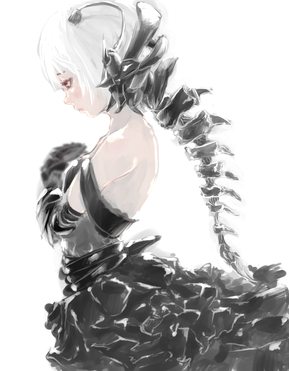 1girl armor bare_shoulders black_dress dress elbow_gloves gloves nina open-back_dress original pale_skin pixiv profile red_eyes short_hair solo spine tagme white_background white_hair