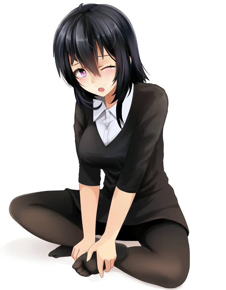 1girl beifeng_han black_hair black_legwear blush hair_between_eyes indian_style long_hair looking_at_viewer miyaura_sanshio original pantyhose sitting solo tears violet_eyes