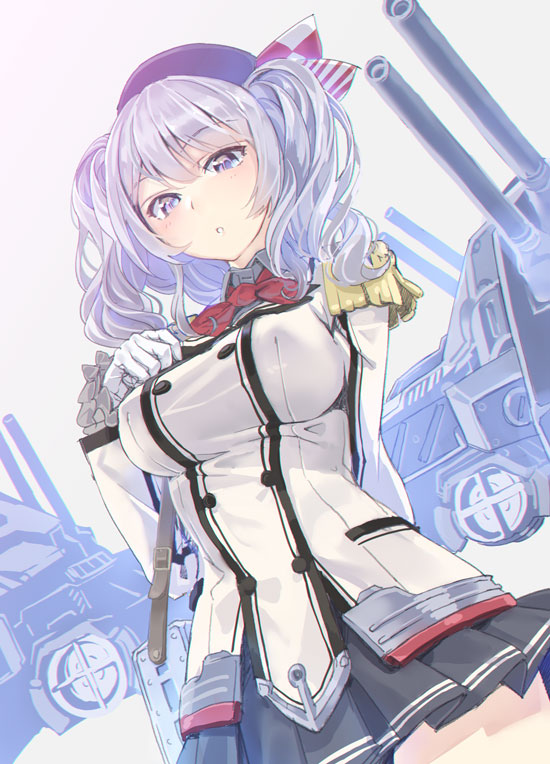 1girl beret blue_eyes breasts buttons cannon epaulettes frilled_sleeves frills gloves hair_ribbon hat jacket kantai_collection kashima_(kantai_collection) kerchief large_breasts long_hair looking_down machinery miniskirt pleated_skirt ribbon sidelocks silver_hair skirt solo tsurime turret twintails uniform wavy_hair yahako