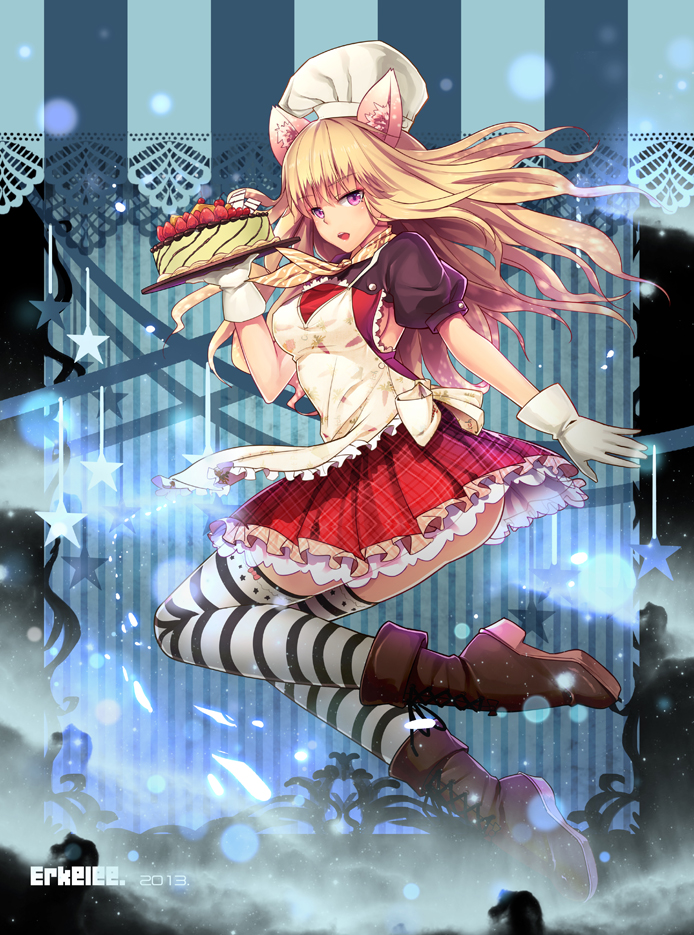 1girl 2013 animal_ears apron artist_name blonde_hair boots breasts brown_boots cake chef chef_hat erkelee food frilled_skirt frills gloves hat knee_boots long_hair looking_at_viewer original puffy_short_sleeves puffy_sleeves short_sleeves skirt solo star striped striped_legwear thigh-highs violet_eyes white_gloves