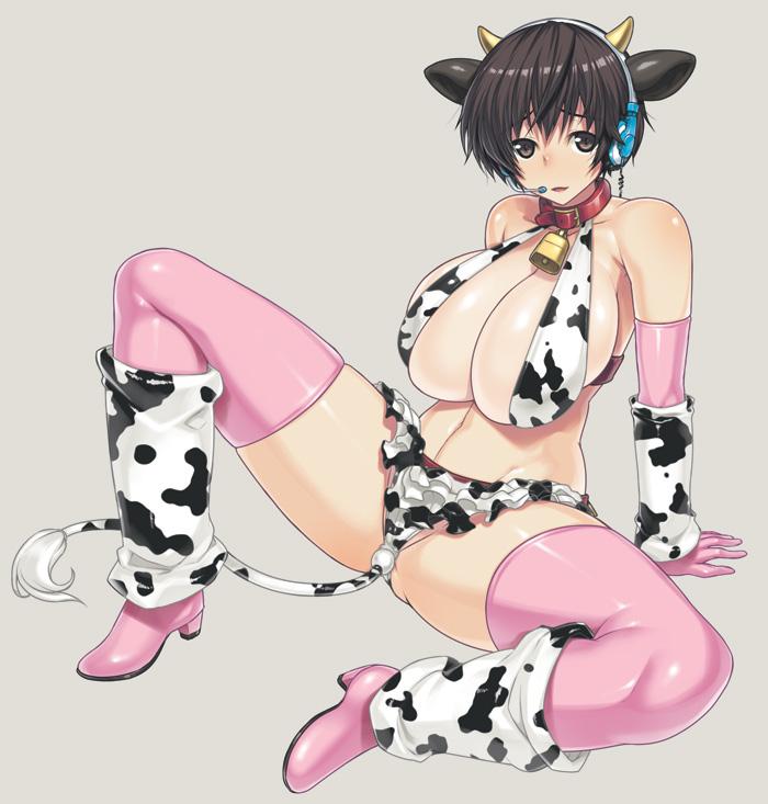 1girl animal_ears artist_name bell bell_collar breasts brown_eyes brown_hair collar commentary_request cow_horns cow_print cow_tail cross-laced_footwear darabuchi elbow_gloves gloves headset horns idolmaster idolmaster_cinderella_girls large_breasts looking_at_viewer oikawa_shizuku pink_gloves pink_legwear short_hair solo tail thigh-highs