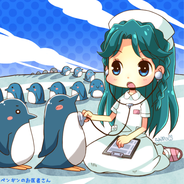 1girl bird blue_eyes blue_hair clipboard clouds go!_princess_precure hat hiyopuko kaidou_minami nurse nurse_cap open_mouth penguin polka_dot precure seiza shadow sitting stethoscope