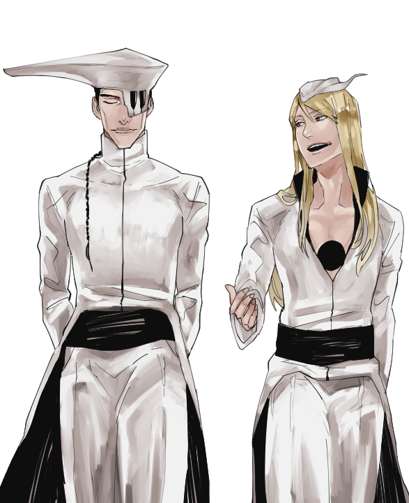 2boys agatsumaattsu arrancar black_hair bleach blonde_hair braid closed_eyes long_hair mask multiple_boys red_eyes shawlong_koufang simple_background single_braid white_background yylfordt_granz