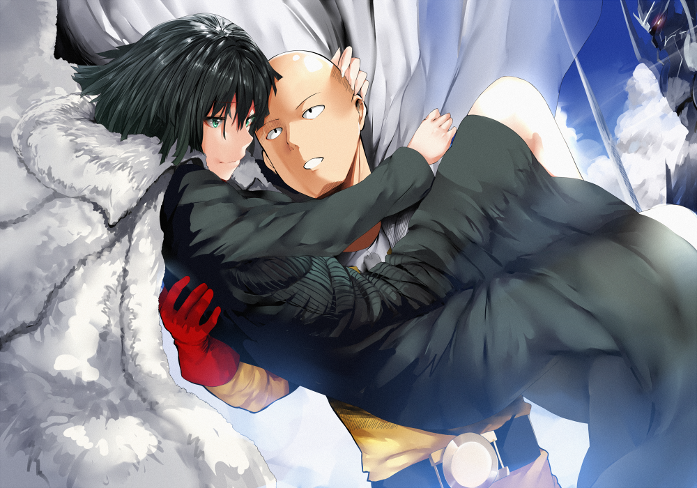 1boy 1girl bald black_dress black_hair cape dress fubuki_(onepunch_man) gloves green_eyes hews_hack looking_at_another onepunch_man princess_carry saitama_(onepunch_man) short_hair smile