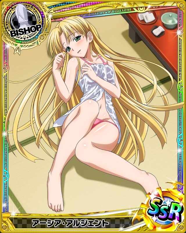 1girl asia_argento bikini bishop_(chess) blonde_hair card_(medium) character_name chess_piece green_eyes high_school_dxd indoors long_hair looking_at_viewer lying navel on_back pink_bikini solo swimsuit towel wet