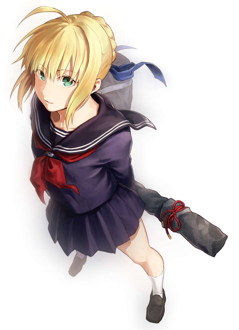 +capsule_servant 1girl ahoge arms_behind_back bangs black_shoes blonde_hair blue_ribbon braid capsule_servant closed_mouth fate/grand_order fate/stay_night fate_(series) from_above green_eyes hair_ribbon kneehighs legs_apart loafers long_sleeves looking_at_viewer master_artoria pleated_skirt ribbon saber school_uniform serafuku shoes skirt solo somemiya_suzume standing sword weapon weapon_bag white_legwear