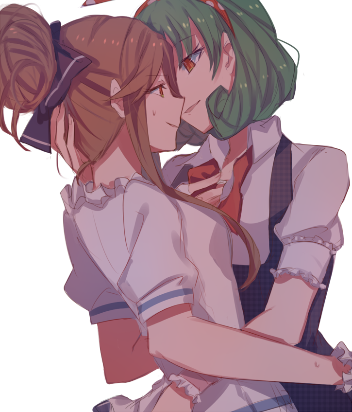 2girls :d aoki_shizumi black_legwear blush brown_eyes brown_hair earrings green_hair hair_ribbon hug idolmaster idolmaster_million_live! jewelry long_hair looking_at_another multiple_girls open_mouth pantyhose ribbon school_uniform serafuku short_hair smile tenkuubashi_tomoka tokugawa_matsuri yuri