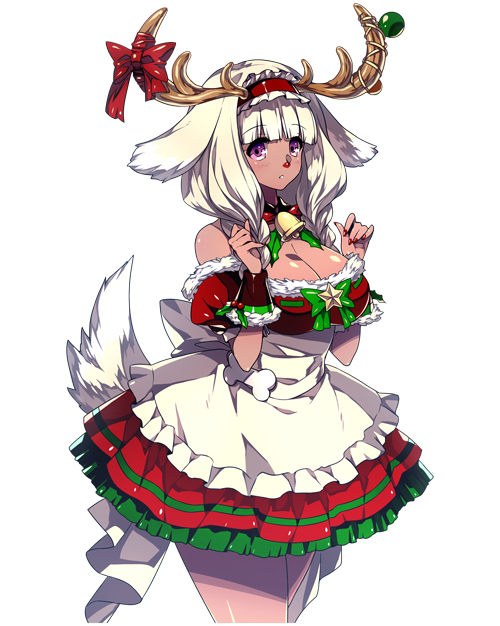 1girl animal_ears antlers bangs bell blonde_hair blunt_bangs braid breasts character_request christmas cleavage colored_eyelashes copyright_request cowboy_shot dark_skin fake_horns jingle_bell large_breasts long_hair parted_lips pink_eyes reindeer_antlers ribbon skirt solo tail twin_braids