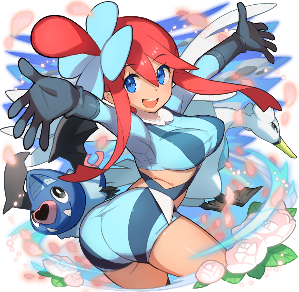 1girl :d \o/ arched_back arms_up ass blue_eyes crop_top flower fuuro_(pokemon) gloves gym_leader hair_ornament long_hair long_sleeves looking_at_viewer one_side_up open_mouth outstretched_arms petals plant pokemon pokemon_(creature) pokemon_(game) pokemon_bw redhead saitou_naoki short_shorts shorts smile solo swanna swoobat