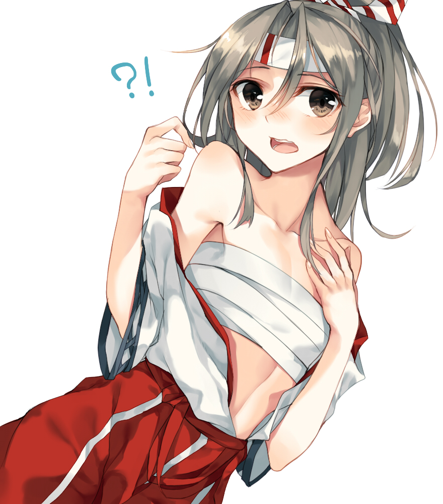 1girl ?!! bare_shoulders brown_eyes collarbone grey_hair kantai_collection looking_at_viewer open_clothes open_mouth open_shirt ponytail rinarisa sarashi shirt skirt solo undressing zuihou_(kantai_collection)