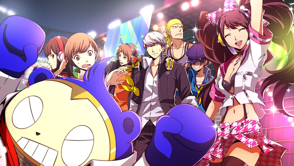 4boys 4girls amagi_yukiko bra breasts cleavage concert crowd everyone hanamura_yousuke hat headband headphones kujikawa_rise kuma_(persona_4) midriff multiple_boys multiple_girls narukami_yuu navel official_art open_collar persona persona_4 persona_4:_dancing_all_night satonaka_chie scan scarf shirogane_naoto skirt spotlight stadium stage suspenders sweatdrop tatsumi_kanji twintails underwear