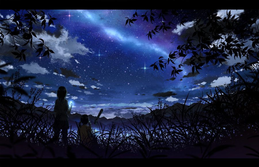 2girls back bokuden cellphone clouds commentary_request glowing grass legs_apart letterboxed milky_way mountain multiple_girls night night_sky original outdoors pants pants_under_skirt phone short_hair short_twintails sitting skirt sky standing star_(sky) starry_sky summer tree twintails