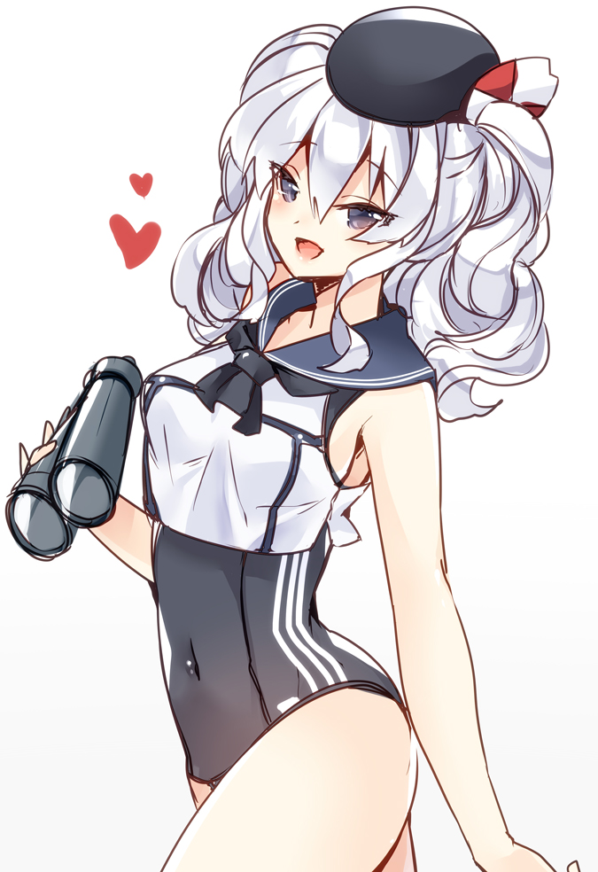 1girl 218 binoculars blush breasts grey_eyes hat kantai_collection kashima_(kantai_collection) large_breasts one-piece_swimsuit ro-500_(kantai_collection) ro-500_(kantai_collection)_(cosplay) sailor_collar silver_hair smile solo swimsuit swimsuit_under_clothes twintails wavy_hair