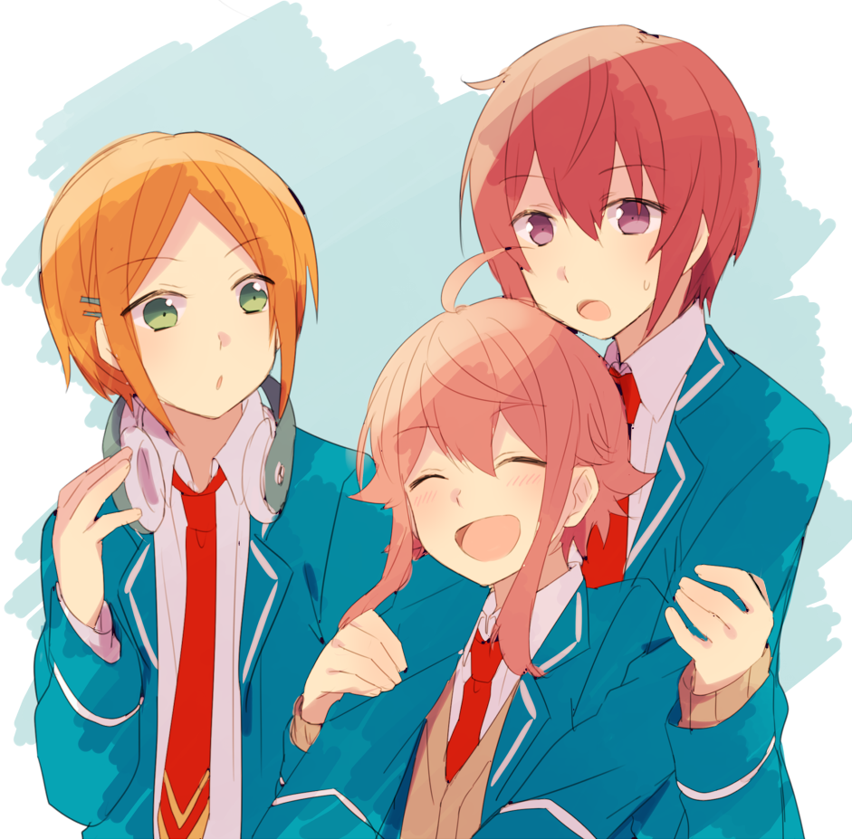 3boys ahoge aoi_yuuta blush closed_eyes ensemble_stars! green_eyes hair_ornament hairclip himemiya_touri male_focus multiple_boys necktie open_mouth pink_hair redhead school_uniform short_hair sidelocks smile suou_tsukasa violet_eyes