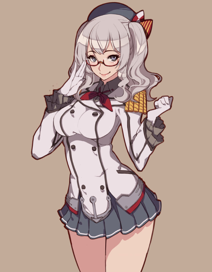 1girl adjusting_glasses beret bespectacled black_skirt bow brown_background clenched_hand collar epaulettes frilled_sleeves frills glasses grey_eyes hat hat_bow kantai_collection kashima_(kantai_collection) kugi_ta_hori_taira long_sleeves military military_uniform pleated_skirt red-framed_glasses red_ribbon ribbon semi-rimless_glasses silver_hair simple_background skirt solo standing two_side_up under-rim_glasses uniform