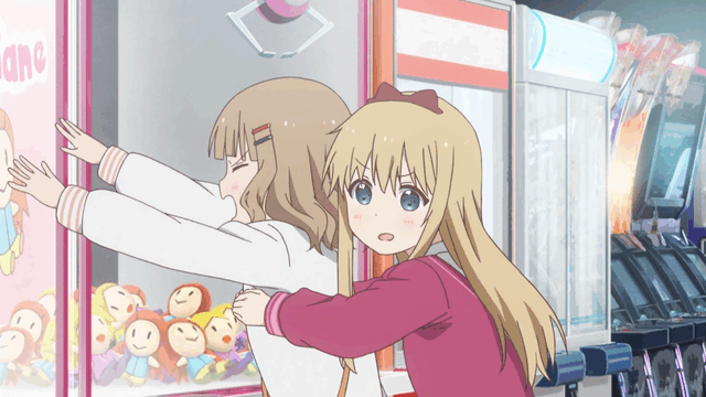 2girls animated animated_gif arcade arcade_cabinet bangs blonde_hair blue_eyes blunt_bangs bow brown_hair casual closed_eyes crane_game doll flat_chest_grab from_side grabbing grabbing_from_behind groping hair_bow hair_ornament hairclip long_hair long_sleeves looking_at_viewer looking_to_the_side multiple_girls oomuro_sakurako open_mouth outstretched_arms rubbing sweatshirt talking toshinou_kyouko trembling yuru_yuri