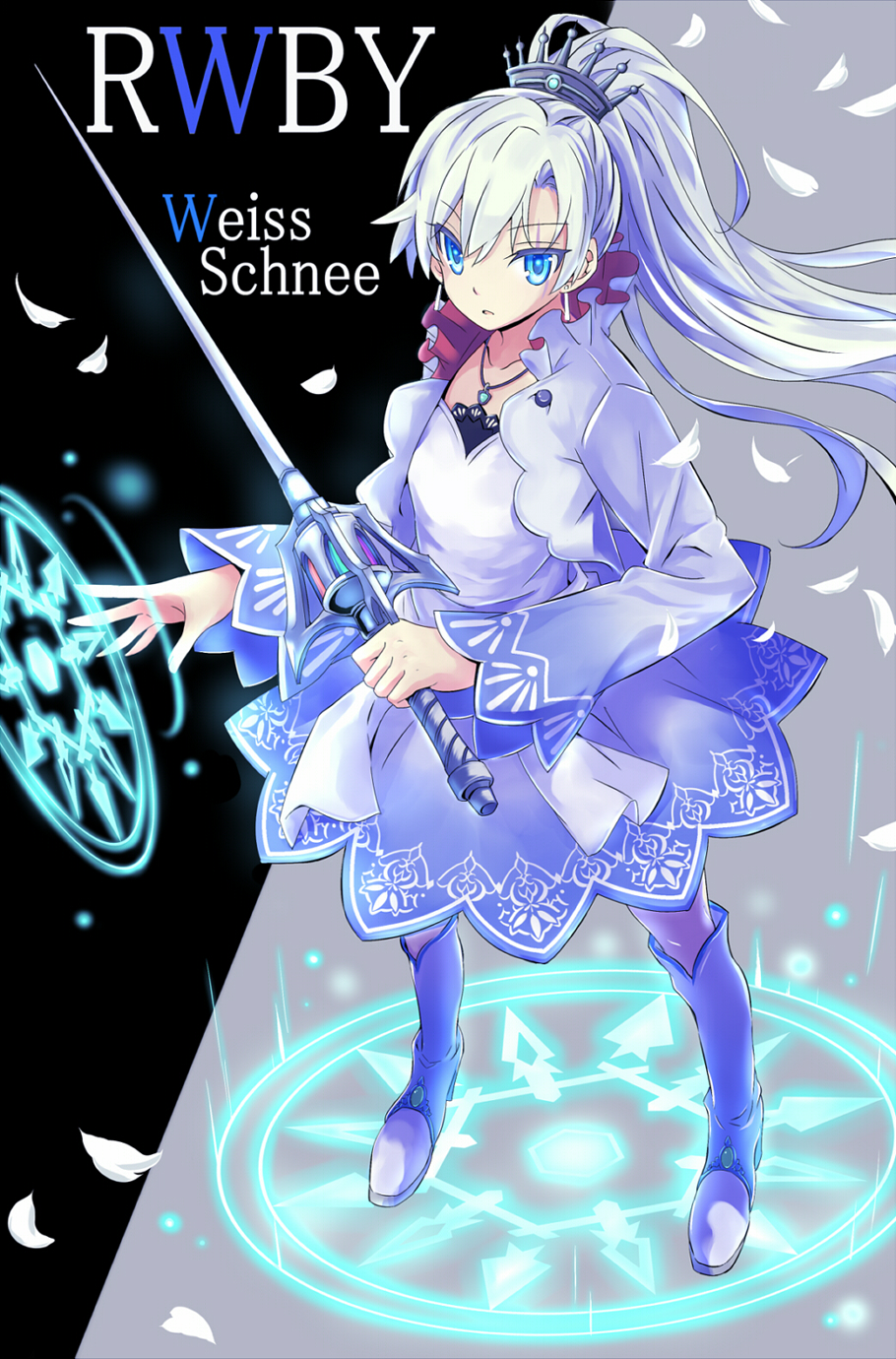 blue_eyes blush dress long_hair ponytail rwby sword weiss_schnee white_ahir