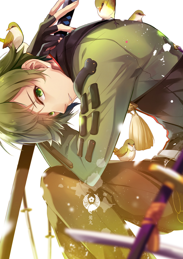 1boy animal_on_back animal_on_lap bent_over bird bird_on_back bird_on_lap black_gloves blurry depth_of_field fingerless_gloves gloves green_eyes green_hair hirai_yuzuki japanese_bush_warbler katana male_focus object_namesake parted_lips sword tassel touken_ranbu uguisumaru weapon