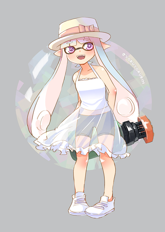 1girl bike_shorts domino_mask dress fangs hat heart heart-shaped_pupils inkling mask open_mouth pink_eyes pink_hair pointy_ears see-through shoes shorts_under_skirt smile sneakers solo splatoon super_soaker symbol-shaped_pupils tentacle_hair twitter_username white_dress yoru_(kayoru)