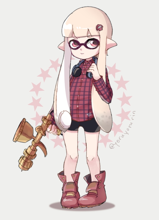 1girl aerospray_rg_(splatoon) bike_shorts blonde_hair boots domino_mask full_body gun hair_ornament hairclip headphones headphones_around_neck inkling long_hair mask original plaid plaid_shirt pointy_ears red_eyes shirt solo splatoon star tentacle_hair twitter_username weapon yoru_(kayoru)