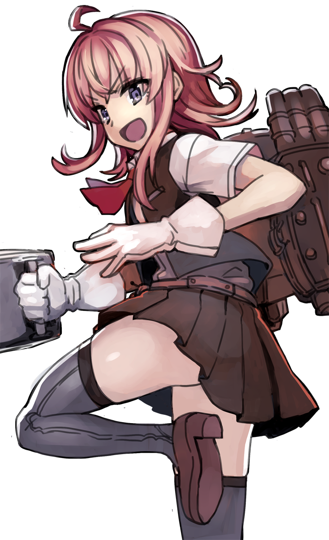 &gt;:d 1girl :d ahoge arashi_(kantai_collection) belt blouse clenched_hand commentary_request gloves grey_legwear gun holding_gun holding_weapon kantai_collection kerchief leg_up loafers looking_back machinery messy_hair open_mouth pleated_skirt redhead school_uniform shoes sitting skirt smile solo standing_on_one_leg thigh-highs torpedo vest weapon white_background white_gloves yu_65026