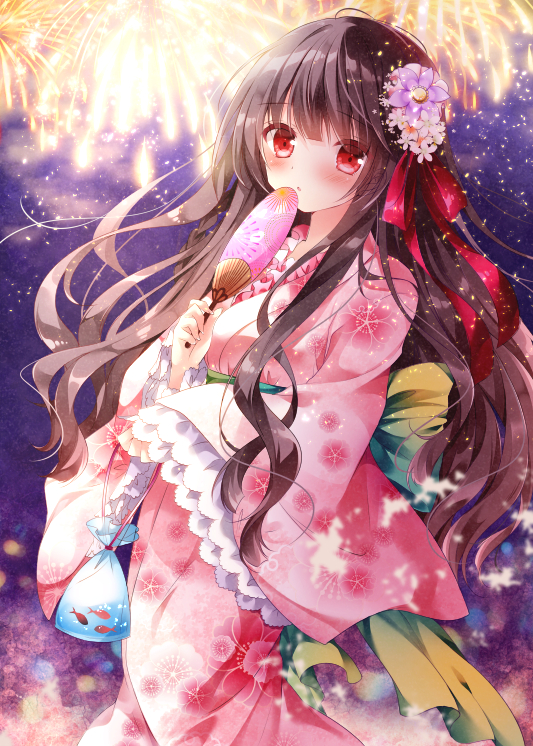 1girl :o bangs blush bow brown_hair fan fireworks fish floral_print flower goldfish green_bow hair_flower hair_ornament hair_ribbon japanese_clothes kimono long_hair long_sleeves looking_at_viewer night night_sky nogi_takayoshi obi original paper_fan parted_lips purple_flower red_eyes red_ribbon ribbon sash sidelocks sky sleeves_past_wrists solo standing star_(sky) starry_sky uchiwa very_long_hair water wide_sleeves