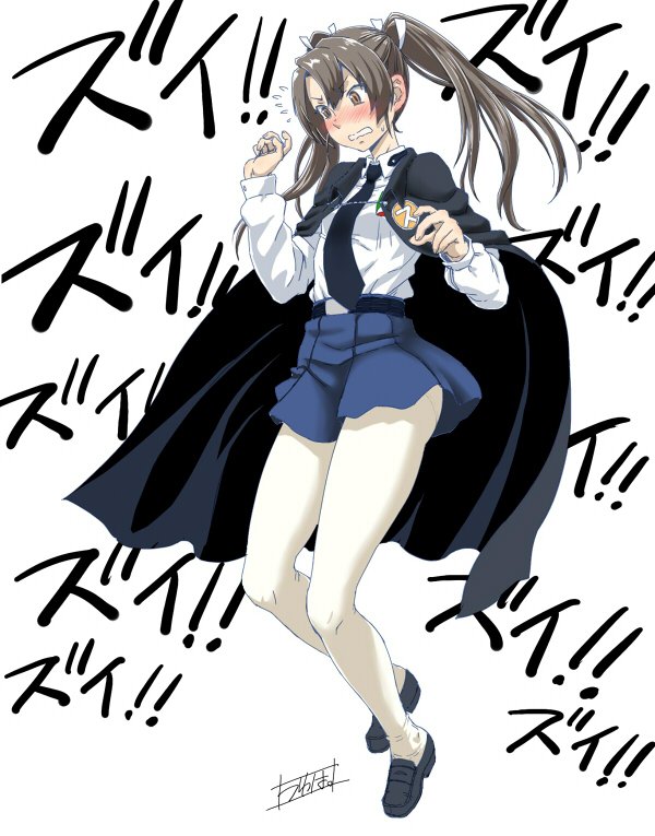 anchovy anchovy_(cosplay) bangs belt blush cape commentary_request cosplay flying_sweatdrops girls_und_panzer green_eyes green_hair hair_between_eyes hair_ribbon hands_up kantai_collection minazuki_tsuyuha miniskirt necktie pantyhose parted_bangs ribbon shirt shoes skirt translation_request twintails white_shirt zuikaku_(kantai_collection)